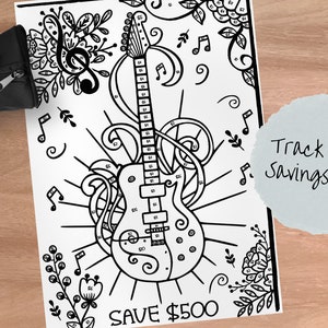 Könnte beinhalten: Eine Schwarzweiß-Malvorlage mit einer Gitarre, Noten und Blumen. Am unteren Rand der Seite steht der Text "Save $500". Eine handschriftliche Notiz lautet "Track your savings goal".