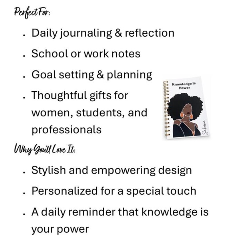 Personalized Black Woman Journal | Knowledge Is Power Notebook | 5.5"x8.5" image 4