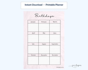 Printable Birthday Planner - Pink Marble