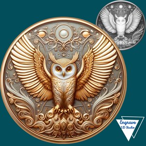 May include: A detailed, gold-toned owl medallion with outstretched wings, set against a gray background. The owl has intricate feather detailing and is surrounded by ornate, swirling patterns. A smaller, grayscale version of the design is in the upper right corner.