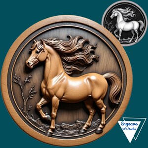 May include: A wooden wall plaque with a 3D carving of a brown horse with a flowing mane. The horse is standing on a rocky surface with a small tree in the background. The plaque is round and has a dark brown wooden frame.