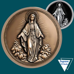 Virgem Maria |  Mapa de profundidade da moeda | Mapa de altura | Arquivo de corte a laser 3D | Xtool | CNC| Glowforge | Medalha Milagrosa de Nossa Senhora das Graças παρθένα Μαρία