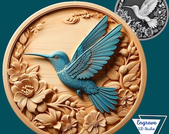Hummingbird 3D Relief STL File | embossing | Depth, Height| laser engraving| CNC | Laser cut | PNG
