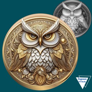 May include: A detailed, gold-toned owl medallion with intricate patterns and a contrasting silver and gold owl design. A smaller, grayscale version of the owl is in the background. The image includes the text "Engrave 3D Studio".