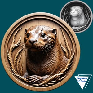 May include: A detailed wooden carving of an otter's head, set against a background of carved leaves. The otter is depicted with a realistic, three-dimensional appearance.