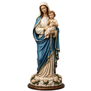 May include: A religious statue depicting a woman in a white and blue robe holding a child. The statue has a rosary and is standing on a base with roses.