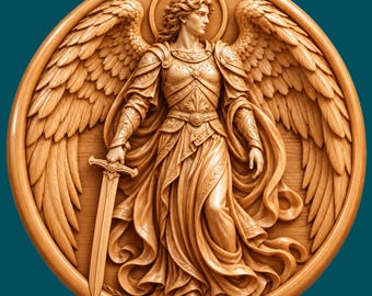 May include: A circular wooden wall plaque featuring a detailed relief carving of an angel with large feathered wings, wearing ornate armor and flowing robes. The figure holds a sword in the right hand and has a halo behind the head.