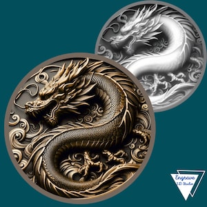 May include: Two circular relief carvings of dragons. One is bronze-colored with intricate details, the other is a grayscale version. The dragons are surrounded by swirling patterns. The logo "Engrave 3D Studio" is in the bottom right corner.