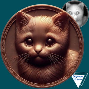 Puede incluir: Primer plano de una escultura realista de color marrón de la cara de un gato. El gato tiene ojos grandes y redondos y una textura suave y peluda. La escultura está colocada sobre un fondo circular de color dorado con detalles intrincados.