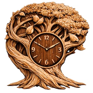 Puede incluir: Un reloj de pared de madera con forma de árbol. La esfera del reloj es un círculo marrón oscuro con manecillas y números negros. El diseño del árbol presenta detalles de corteza, hojas y ramas, en tonos marrones y beige. Un artículo decorativo para el hogar.