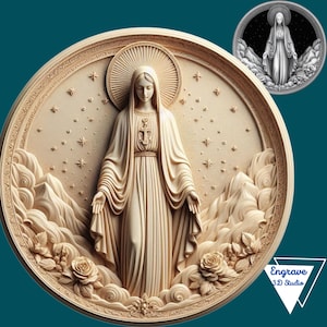 Ilusão 3D de Nossa Senhora das Graças | Mapa de Profundidade de Moedas | Mapa de Altura | Gravado a Laser 3D | Xtool | Lightburn | arquivo laser | PNG Laserburn | Virgem Maria