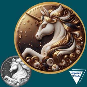 May include: A circular relief sculpture of a unicorn with a golden horn and mane, set against a dark background with gold accents. The unicorn is white, with gold and black details. A smaller, grayscale version is in the lower left corner.