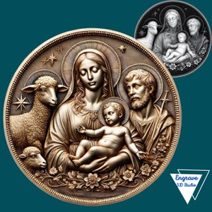 Virgem Maria | Jesus | José | Arquivo 3D Laser | mapa de profundidade | arquivo PNG | Gravação de profundidade | latão | imagens de alta qualidade | lightburn | Tons de cinza