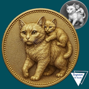 Puede incluir: Una moneda dorada con un relieve detallado de una gata con un gatito a la espalda. La moneda tiene un borde con cuentas y una versión más pequeña en escala de grises de la imagen en la esquina superior derecha.