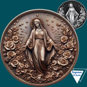 Mapa de Profundidade de Nossa Senhora das Graças | Arquivo a Laser | Digital | Gravação a Laser 3D | Xtool | Lightburn | Ilusão 3D | PNG | Glowforge | CNC | Virgem Maria