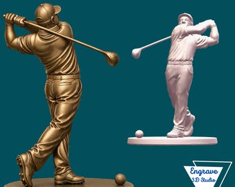 Könnte beinhalten: Zwei Golf-Statuen. Eine ist bronzefarben und zeigt einen Golfspieler beim Schwung. Die andere ist weiß und zeigt ebenfalls einen Golfspieler in einer Schwungpose. Beide Figuren stehen auf einem Sockel mit einem Golfball. Der Hintergrund ist türkis.