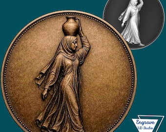 May include: A bronze-colored relief sculpture of a woman carrying a jug on her head, set within a circular frame. The woman is draped in flowing garments and a head covering. A smaller, grayscale version of the image is in the upper right corner.