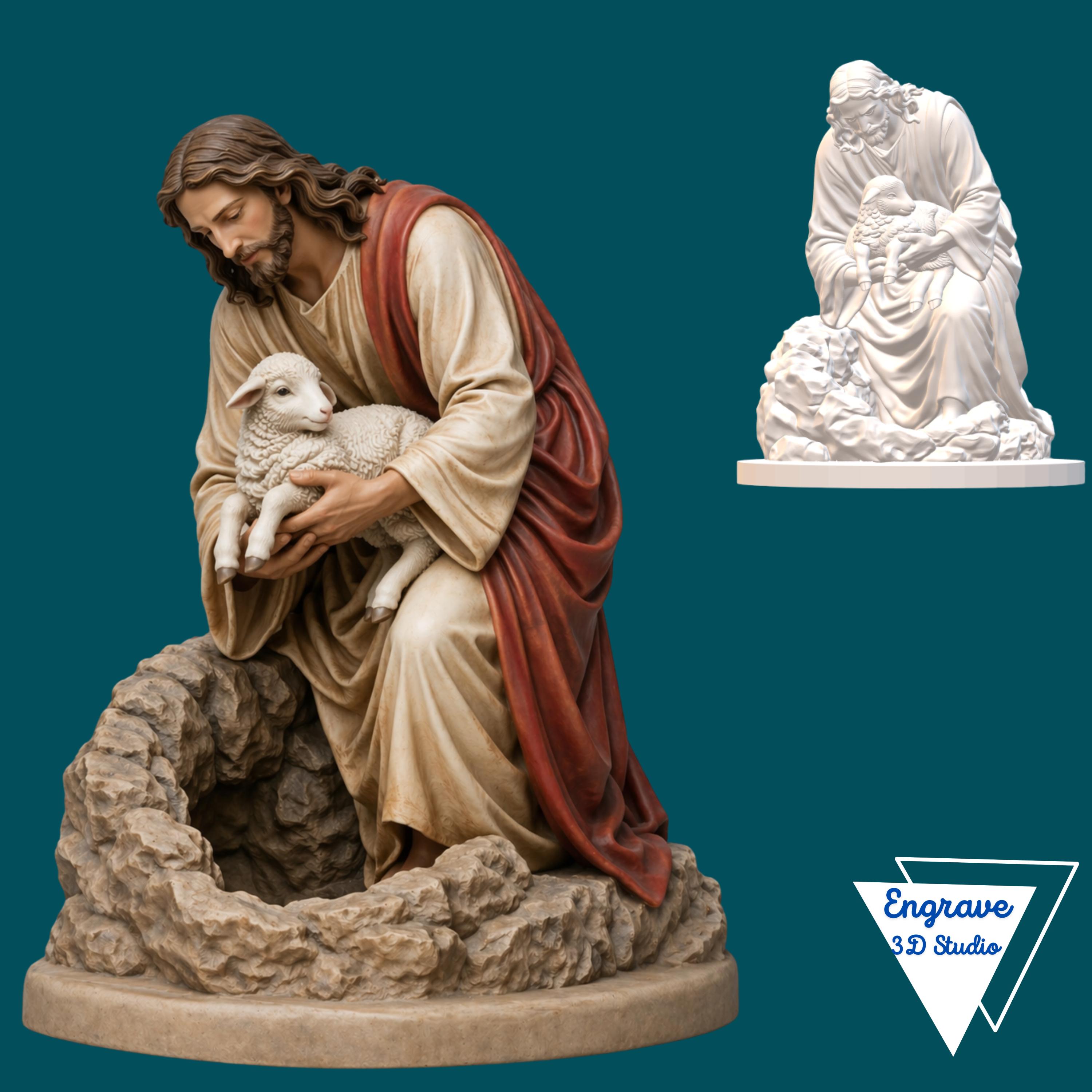 Jesus and the Lost Sheep, Sculpture STL, OBJ, Png Files, CNC