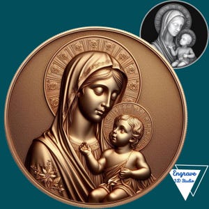 Virgem Maria | Mapa de Profundidade da Moeda do Menino Jesus | Arquivo Laser | Mapa de Altura | Gravação Laser 3D | Xtool | Lightburn | Ilusão 3D | PNG| Glowforge | CNC
