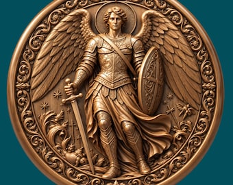 May include: A circular bronze-toned wall plaque featuring a relief carving of a winged figure in ornate armor. The figure holds a sword in the right hand and a shield in the left, surrounded by intricate floral scrollwork and star motifs.
