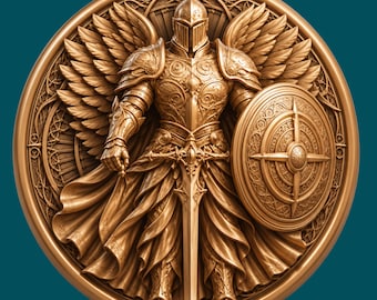 May include: A circular bronze-toned relief plaque featuring a central winged knight in full plate armor. The figure holds a sword pointing downward and a round shield with intricate scrollwork. The background displays detailed filigree patterns.