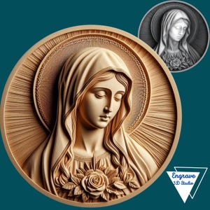 May include: A wooden carving of the Virgin Mary, with a halo and a rose in her hand. The carving is in a circular frame with a wood grain pattern.