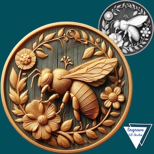 Op de afbeelding: Een houten carving van een bij op een bloem, omringd door bladeren en bloemen. De carving is in een ronde lijst en heeft een rustieke, natuurlijke uitstraling.