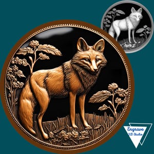 May include: A copper-colored fox sculpture on a black background with a detailed design of leaves and flowers. The sculpture is set in a round frame with a copper-colored border.