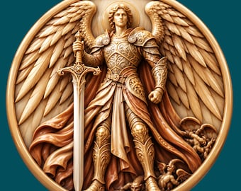 May include: A circular wooden relief carving featuring a winged figure in ornate armor holding a long sword. The figure has a halo and stands over small, dark, horned creatures. The carving is rendered in shades of light and dark brown wood.