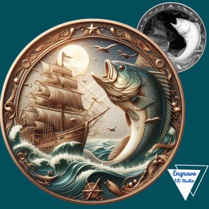 May include: A circular, bronze-colored, decorative plate with a detailed design of a ship sailing on a stormy sea with a large fish leaping out of the water. The moon is visible in the sky above the ship. The plate is surrounded by a decorative border.