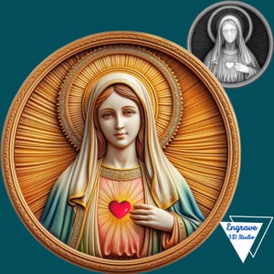 Arquivo de gravação a laser 3D da Virgem Maria | Mapa de profundidade | Mapa de altura | | Xtool | Arquivo PNG | Lightburn | Arte CNC | Tons de cinza | Glowforge | Virgem Maria