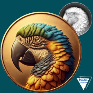 Mapa de profundidad de moneda / Mapa de altura / Grabado láser 3D / Herramienta X / Quemado de luz / PNG / Digital / Forja brillante / CNC / Archivo láser / Loro / Pájaro