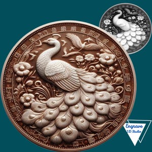 Archivo láser 3D de pavo real / mapa de profundidad / PNG / grabado de profundidad / moneda de latón / imágenes de alta calidad / quemado por luz / escala de grises / CNC / Glowforge / pájaro