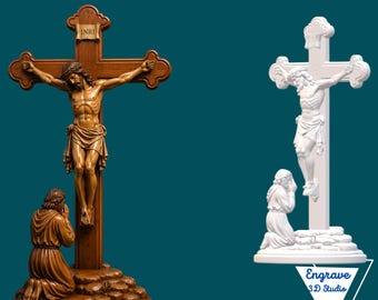 Praying under Crucifix Jesus Sculpture STL, OBJ, png files, CNC routers, 3D printing