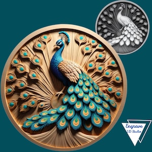 Pfau 3D Laser Gravierdatei | Tiefenkarte | Höhe Karte | Xtool | PNG | Lichtbrand | CNC | Graustufen | Glühschmieden| Laserfertige Datei | Vögel