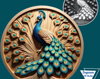 Peacock 3D Relief STL File | embossing | Depth, Height MaP | Resin | laser engraving | Bird