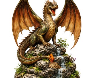 May include: A detailed dragon figurine with textured green and bronze scales, large outstretched wings, and an open mouth. The creature is perched atop a rocky formation featuring a small cascading waterfall and green foliage.