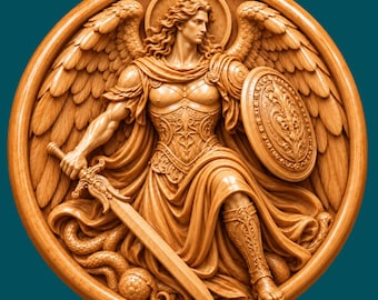 May include: A circular light brown wood carving depicting a winged figure in armor holding a sword and an ornate shield. The figure has long hair, a halo, and is positioned over a coiled serpent. The relief features intricate details throughout.