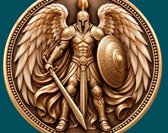 May include: A circular bronze-toned relief plaque featuring a winged warrior in full plate armor and a crested helmet. The figure stands centrally, holding a long sword in the right hand and a round, ornate shield in the left, with large wings.