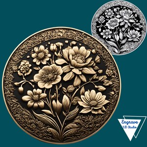 May include: A round, gold-colored metal plaque with a detailed, engraved design of a bouquet of flowers. The flowers are in shades of gold and have a 3D effect. The plaque has a black background and a decorative border.