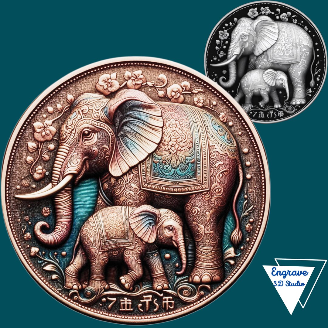Elephant Coin File Elephant 3D Laser Engraving File: Depth Map, Brass Coin (digital ...