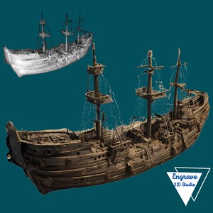 Schipbreuk | onderwater | gezonken schip | 3D-lasergegraveerd | Xtool | Brandwonden | Dieptekaart munt | Hoogtekaart | Digitaal | Glowforge | CNC | Schip:
