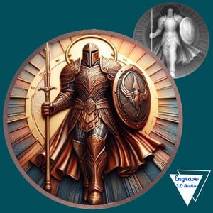 May include: A detailed illustration of a knight in full armor, holding a spear and shield, set against a golden sunburst background. The knight is in shades of bronze, gold, and blue. A smaller grayscale version of the knight is in the upper right corner. The image is circular.