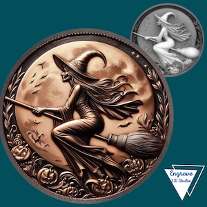Puede incluir: Medallón de Halloween en color bronce que representa a una bruja volando en una escoba frente a una luna llena. El diseño incluye calabazas, murciélagos y el texto "Engrave 3D Studio". Una versión más pequeña en escala de grises está presente.