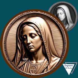 Mapa de Profundidade da Moeda da Virgem Maria | Arquivo Laser | Mapa de Altura | Gravação Laser 3D | Xtool | Lightburn | Ilusão 3D | PNG | Glowforge | CNC | Maria Triste