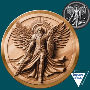 May include: A wooden carving of an angel with wings, a sword, and a shield. The angel is wearing armor and has a beard. The carving is on a round wooden plaque with a gold frame.