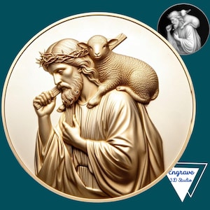 May include: A gold-colored, three-dimensional sculpture of Jesus carrying a lamb on his shoulder. Jesus is wearing a crown of thorns and has a beard. The sculpture is circular and has a raised edge.