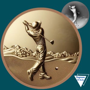 Joueur de golf | Carte de profondeur de pièce | Carte des hauteurs | Gravure laser 3D | Outil X | Brûlure légère | PNG | Numérique | GlowForge | CNC | Lime laser| Sport