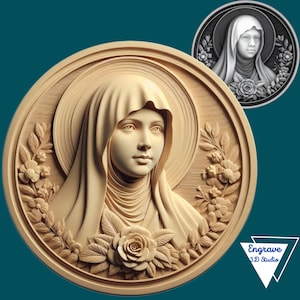 May include: A detailed wooden carving of a woman wearing a veil and a floral wreath. The carving is in a circular frame and has a light brown color.