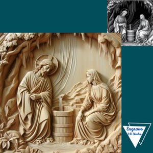 May include: A detailed wood carving depicting a biblical scene of Jesus and a woman at a well. The carving is in a light brown color and shows intricate details of the figures' clothing and the well.